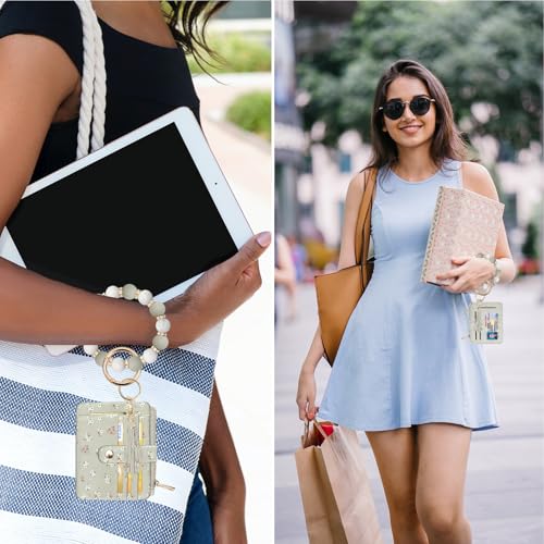 COOLANS Wristlet Bracelet Keychain Pocket Credit Card Holder Purse Tassel Keychain Bangle Key Ring for Women (Silicone & Shiny Bead+Card Purse (Light Grey Green)) - Image 3