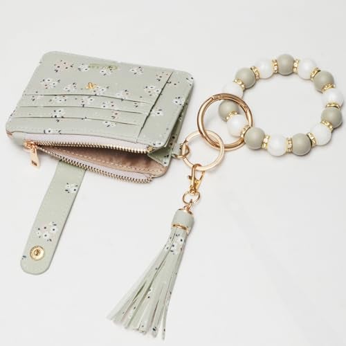 COOLANS Wristlet Bracelet Keychain Pocket Credit Card Holder Purse Tassel Keychain Bangle Key Ring for Women (Silicone & Shiny Bead+Card Purse (Light Grey Green)) - Image 4