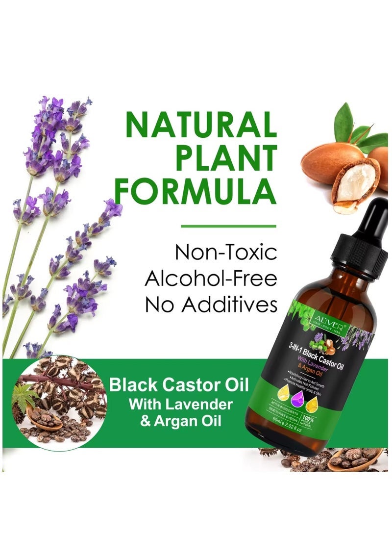 ALIVER 3 In 1 Black Castor Oil with Lavender & Argan Oil for Hair Care Hair Conditioner Oil for Thin Hair Repair Damaged Hair Nourishes Thin Hair Scalp Skin and Loss Hair Growth Fit for All Hair Types 60ml - Image 2