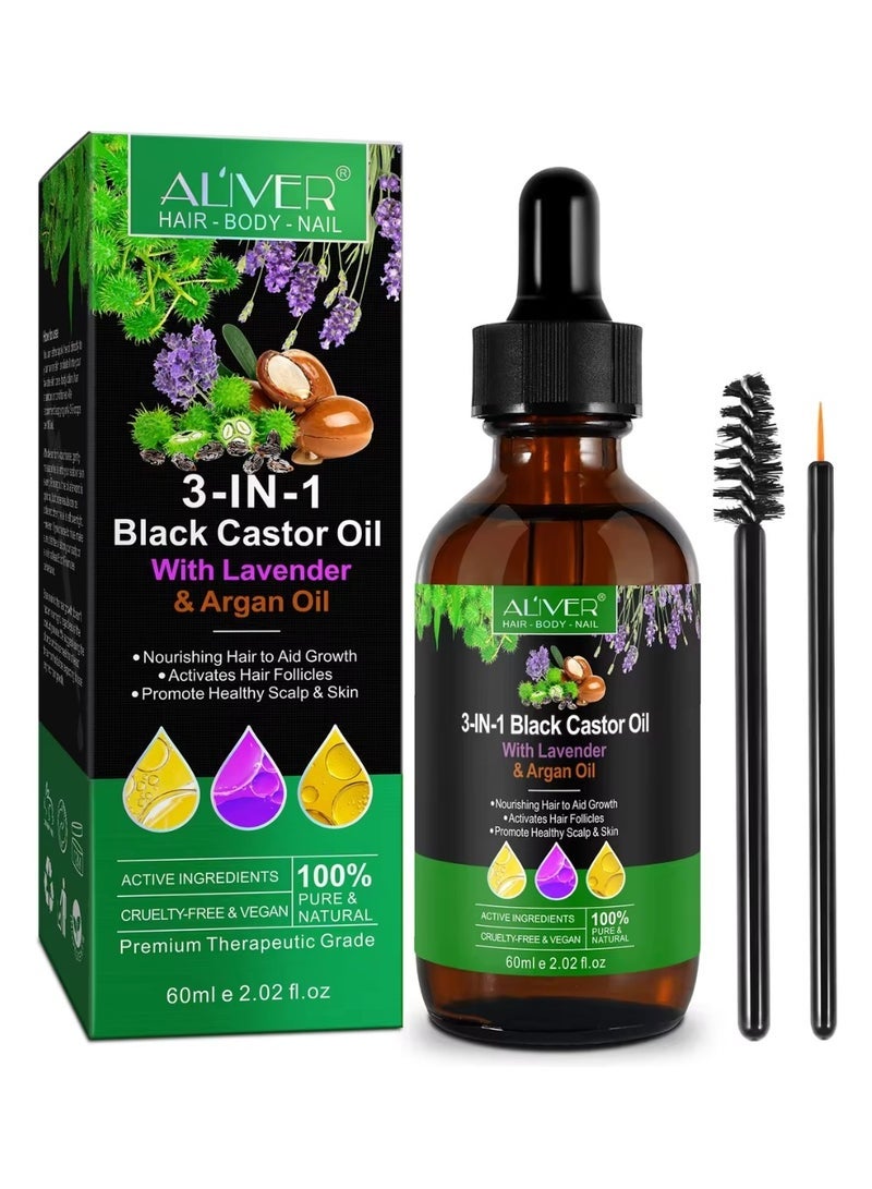 ALIVER 3 In 1 Black Castor Oil with Lavender & Argan Oil for Hair Care Hair Conditioner Oil for Thin Hair Repair Damaged Hair Nourishes Thin Hair Scalp Skin and Loss Hair Growth Fit for All Hair Types 60ml - Image 1