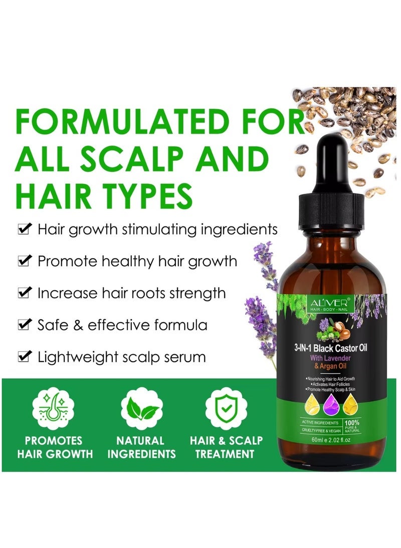 ALIVER 3 In 1 Black Castor Oil with Lavender & Argan Oil for Hair Care Hair Conditioner Oil for Thin Hair Repair Damaged Hair Nourishes Thin Hair Scalp Skin and Loss Hair Growth Fit for All Hair Types 60ml - Image 3