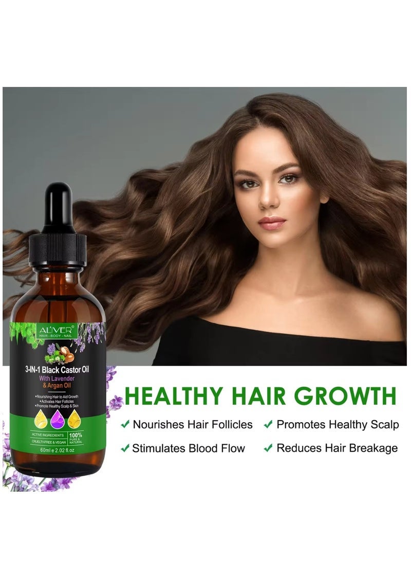 ALIVER 3 In 1 Black Castor Oil with Lavender & Argan Oil for Hair Care Hair Conditioner Oil for Thin Hair Repair Damaged Hair Nourishes Thin Hair Scalp Skin and Loss Hair Growth Fit for All Hair Types 60ml - Image 4