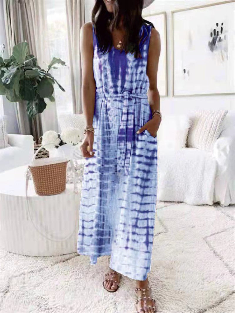 2022 European and American cross-border women's clothing foreign trade new loose printing vest belted dress women skyblue L - Image 1