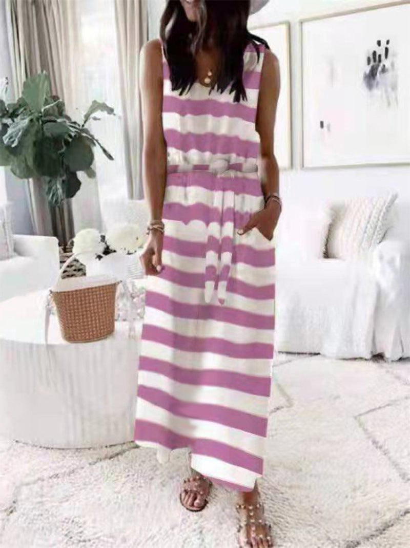 2022 European and American cross-border women's clothing foreign trade new loose printing vest belted dress women skyblue L - Image 4