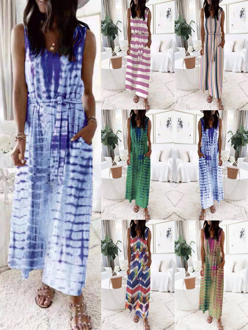 2022 European and American cross-border women's clothing foreign trade new loose printing vest belted dress women skyblue L - Image 2