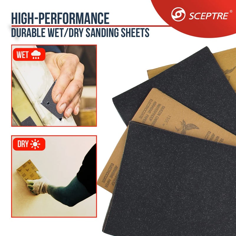 Sceptre أوراق صنفرة كاشطة، كربيد السيليكون مقاوم للماء ورطب وجاف، 150 حبيبة، 230x280 مم، تلميع متين وإزالة الطلاء، إزالة الصدأ، عبوة من 100 ورقة - Image 5