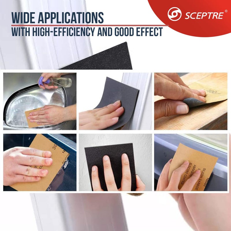 Sceptre أوراق صنفرة كاشطة، كربيد السيليكون مقاوم للماء ورطب وجاف، 150 حبيبة، 230x280 مم، تلميع متين وإزالة الطلاء، إزالة الصدأ، عبوة من 100 ورقة - Image 3
