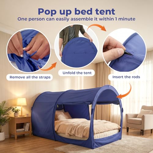 LEEDOR Bed Tent Dream Tents Bed Canopy Shelter Cabin Indoor Privacy Warm Breathable Pop Up Twin Size for Kids and Adult Patent Pending Navy(Mattress Not Included) - Image 3