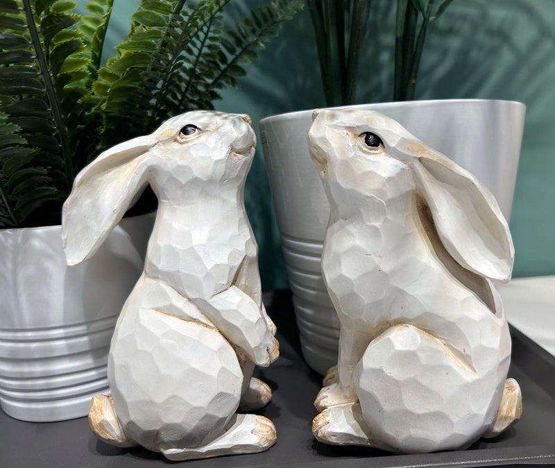 QIAOIDEA Easter Decorations Set of 2 Farmhouse White Rabbit Figurines, 6.5" Carved Rustic Distressed Animal Bunny Ornaments, Collectible Home Decor - Image 5