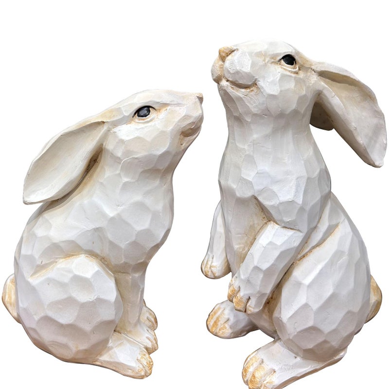 QIAOIDEA Easter Decorations Set of 2 Farmhouse White Rabbit Figurines, 6.5" Carved Rustic Distressed Animal Bunny Ornaments, Collectible Home Decor - Image 1
