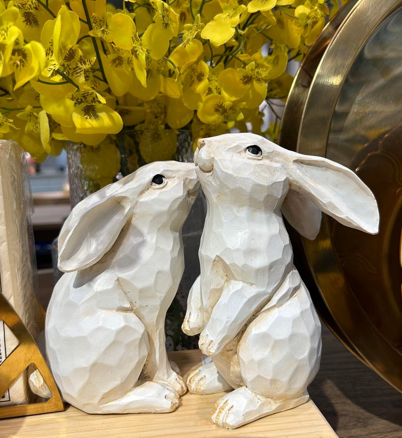QIAOIDEA Easter Decorations Set of 2 Farmhouse White Rabbit Figurines, 6.5" Carved Rustic Distressed Animal Bunny Ornaments, Collectible Home Decor - Image 3