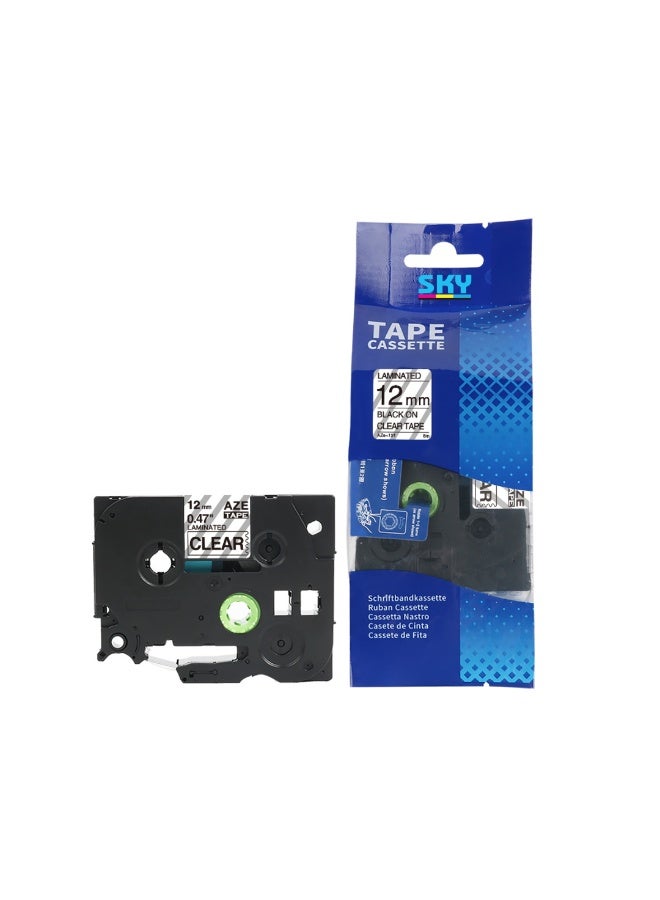12 mm x 8 meter Black on Clear AZE Label Tape Cartridge for P-Touch Label Printers