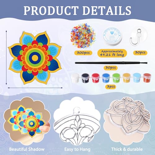 Dunzoom 30 Set Mandala Suncatchers Kits Mandala Flower DIY Suncatchers Craft Kits Make Your Own Paint Ornaments for Art Craft Summer Sun Catchers Party Supplies - Image 5