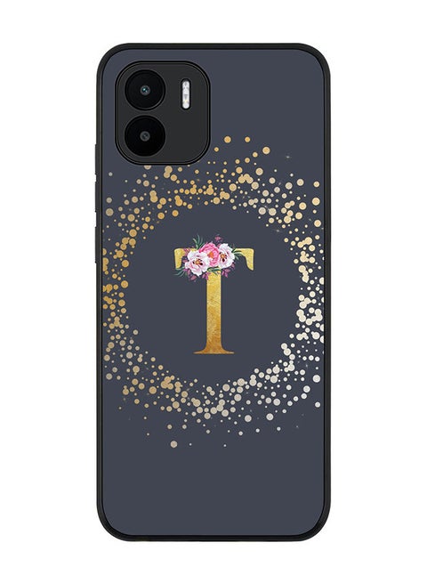 Rugged Black edge case for Xiaomi Redmi A2 / Xiaomi Redmi A1 Slim fit Soft Case Flexible Rubber Edges TPU Gel Thin Cover - Custom Monogram Initial Letter Floral Pattern Alphabet - T (Grey)