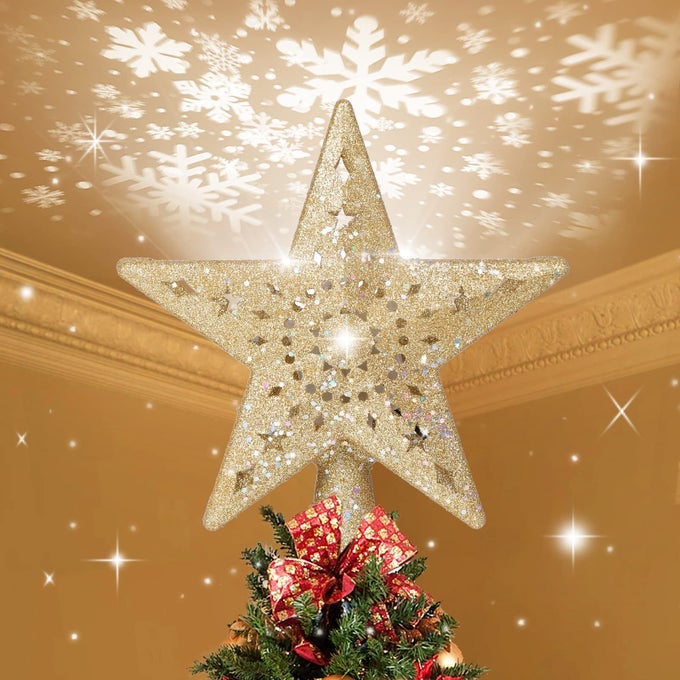 CHRISTMAS TREE TOPPER LIGHTED WITH SNOWFLAKE PROJECTOR LED ROTATING HOLLOW SNOWFLAKE 3D GLITTER LIGHTED GOLD STAR TREE TOPPER FOR XMAS TREE FESTIVAL DECORATIONS LIGHTS