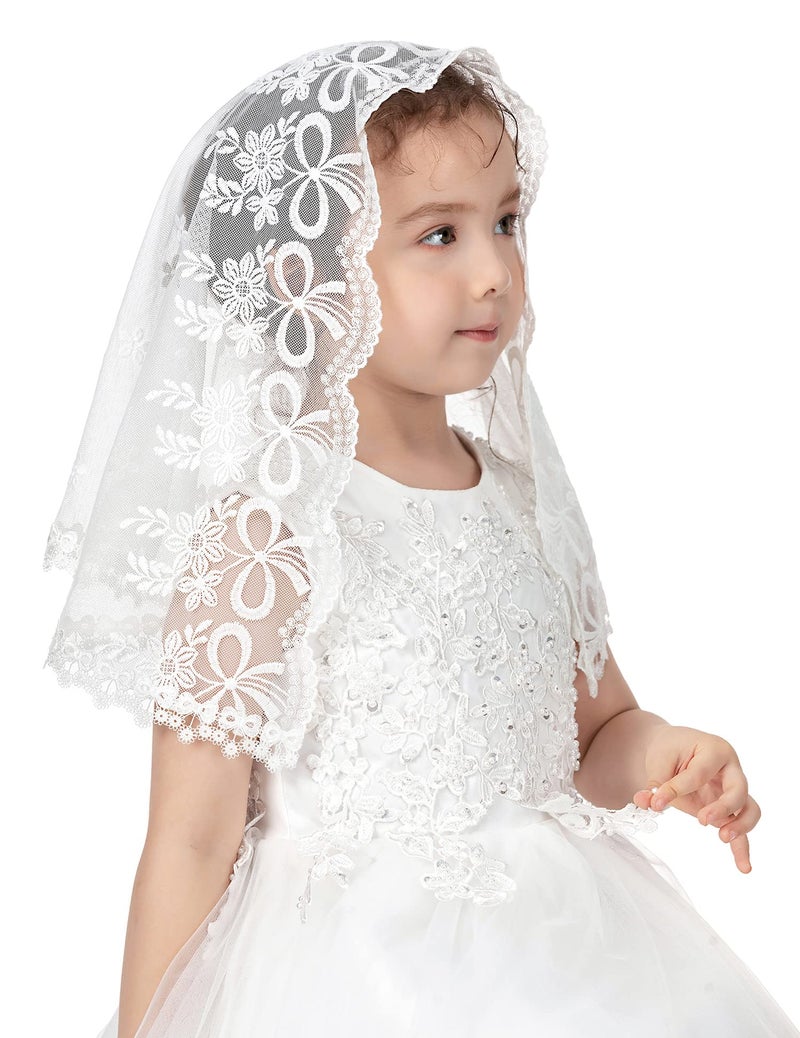 PAMOR First Communion Veils for Girls Lace Chapel Veil Mantilla Veils Latin Lass Church Veil for Catholic Baptism D Shape (White B) - Image 4