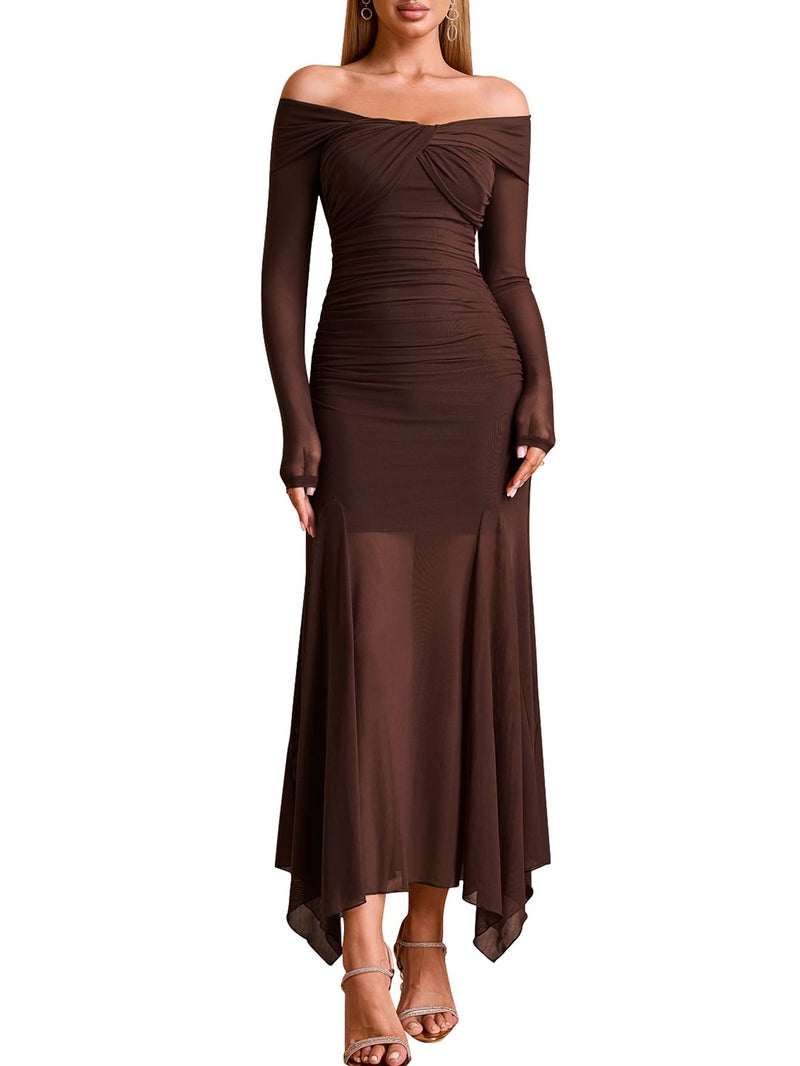 EYNMIN Women's Off The Shoulder Maxi Dress Long Sleeve Ruched Bodycon Asymmetrical Mesh Formal Fall Wedding Guest Dresses Brown - Image 1