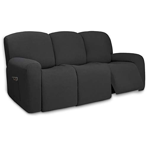 PureFit Super Stretch 3 Seats Recliner Chair Sofa Couch Cover with Pocket Non Slip Soft Sofa Slipcover Washable Spandex Reclining Furniture Protector for Kids Pets Recliner Sofa Dark Gray