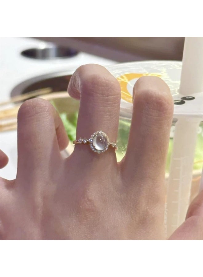 Ring White Ice Simulated Chalcedony Cabochon Ring for Women, Adjustable Elegant Minimalist Statement Ring for Index Finger - Image 3