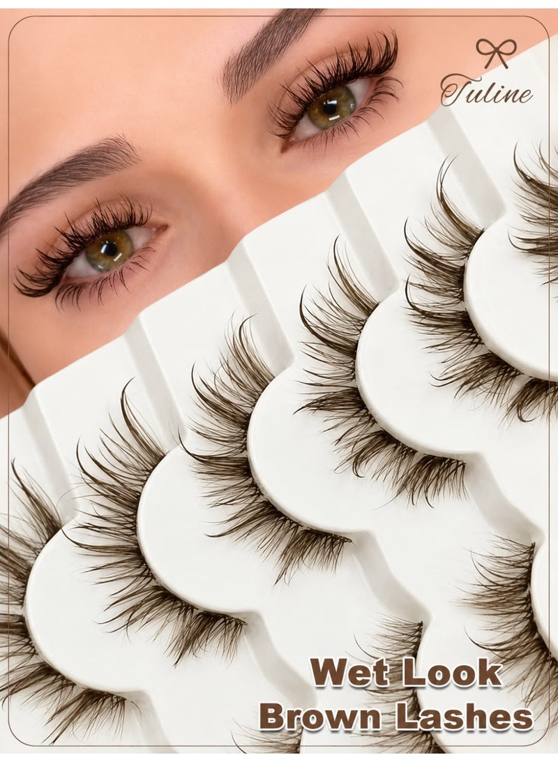 Tuline 6 Pairs Brown False Eyelashes Wet Look – Lightweight Reusable Lashes with Clear Band Natural Dramatic Style - Image 1
