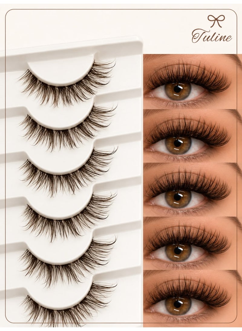 Tuline 6 Pairs Brown False Eyelashes Wet Look – Lightweight Reusable Lashes with Clear Band Natural Dramatic Style - Image 2