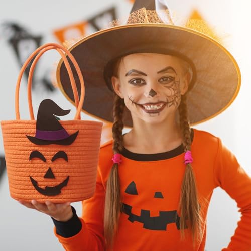 Poschnor Halloween Pumpkin Basket for Kids Woven Rope Candy Basket Halloween Decorations Small Woven Rope Basket bins Orange - Image 3