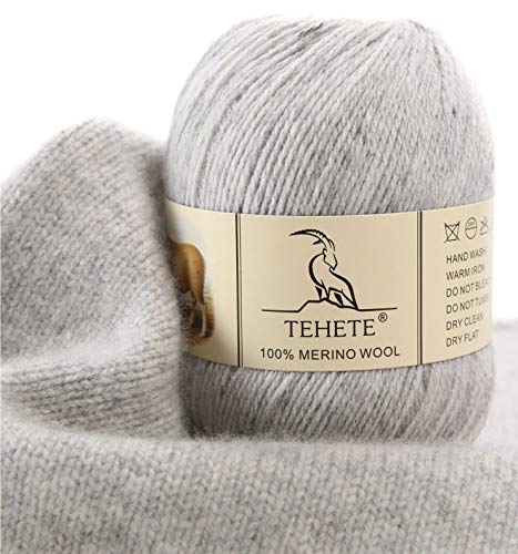 TEHETE 100 Merino Wool Yarn for Knitting 3Ply Luxury Warm Soft Lightweight Crochet Yarn Light Grey