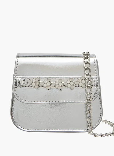 ليتل ميسي Girls Embellished Crossbody Bag with Detachable Chain Strap and Button Closure