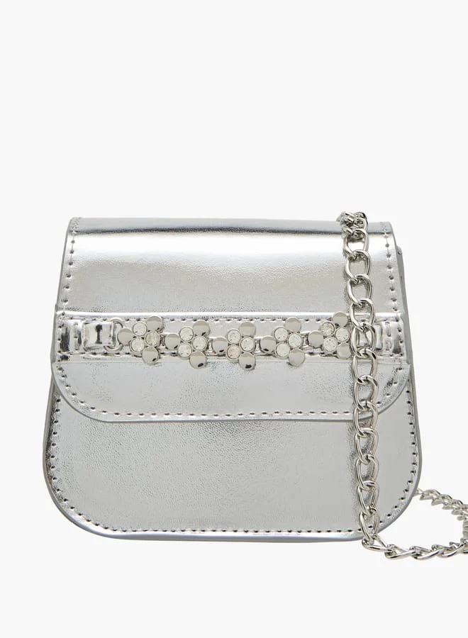 Little Missy Girls Embellished Crossbody Bag with Detachable Chain Strap and Button Closure