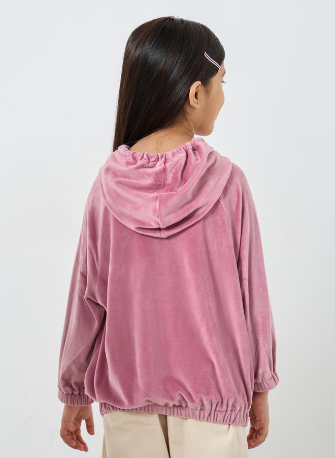 Styli Pink Solid Raglan Sleeves Velour Hoodie - Image 4