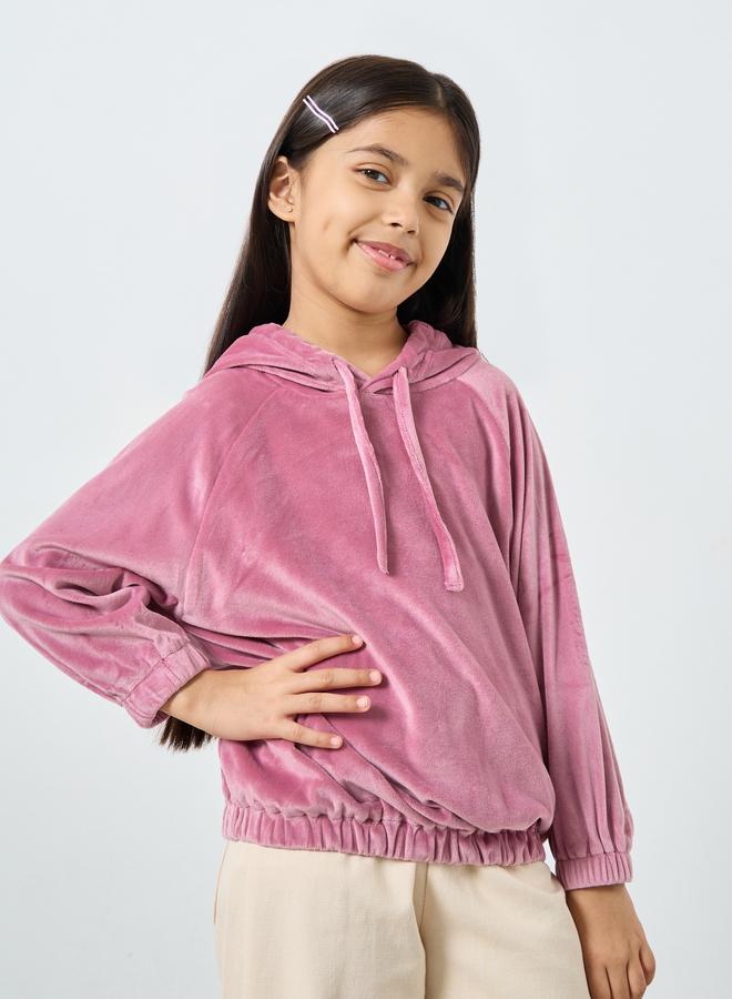 Styli Pink Solid Raglan Sleeves Velour Hoodie - Image 1