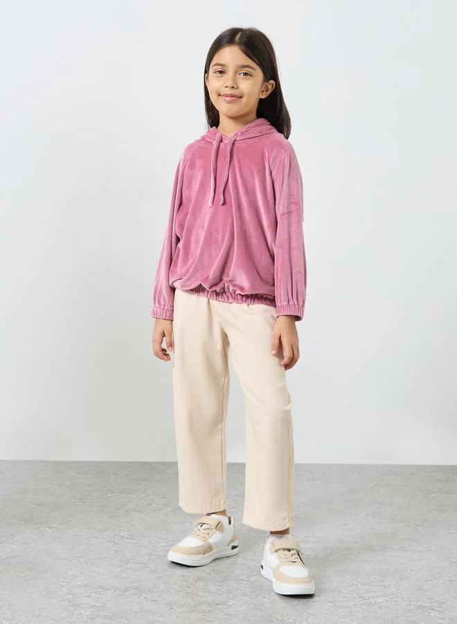 Styli Pink Solid Raglan Sleeves Velour Hoodie