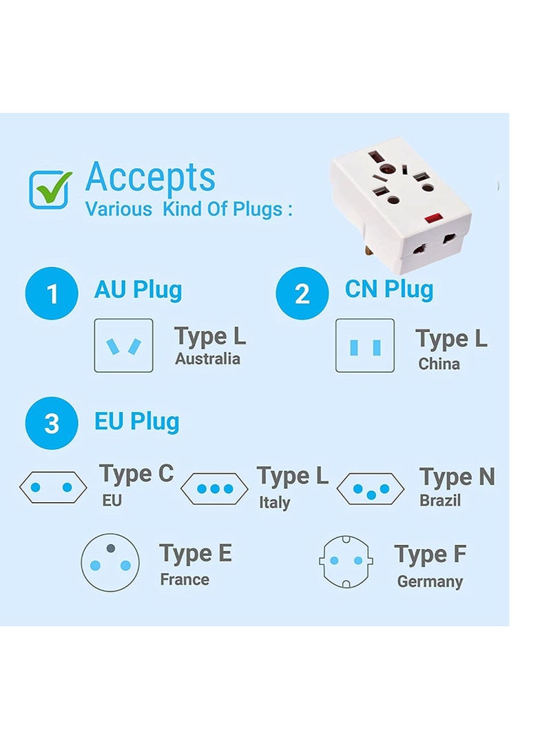 3 Way Adapter with Square-Pin, Universal Socket with Light And 13A Fuse. Travel Adaptor for KSA/UAE/UK/HK, AC Power Plug for US/AU/JP/CN, 3 Pin plug adapter 13Amp Multiplug 3 Way Multi Plug