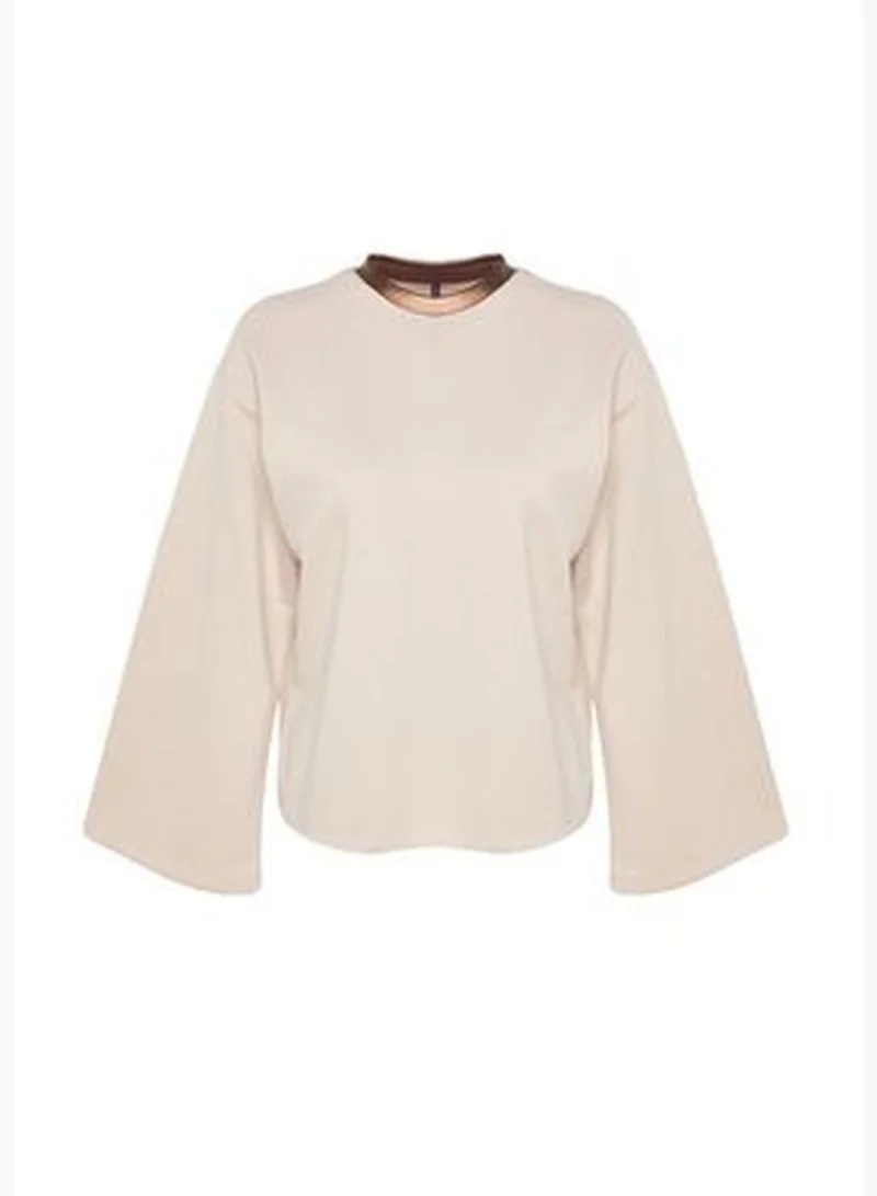 trendyol Beige Collar with Foil Print Thick Regular/Regular Pattern Knitted Sweatshirt TWOAW24SW00130.