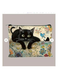 LANGMANNI 1pc, Retro Cat Print Makeup Bag, 22.0x14.0cm, Lightweight Portable, Zippered, Casual Style, Polyester, Hand Wash, for Home, Business, Beach, Travel Accessories  - Image 1