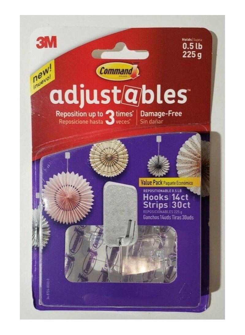 Command Adjustables Hooks and  Strips Clear Repositionable 14 Hooks and 30 Strips