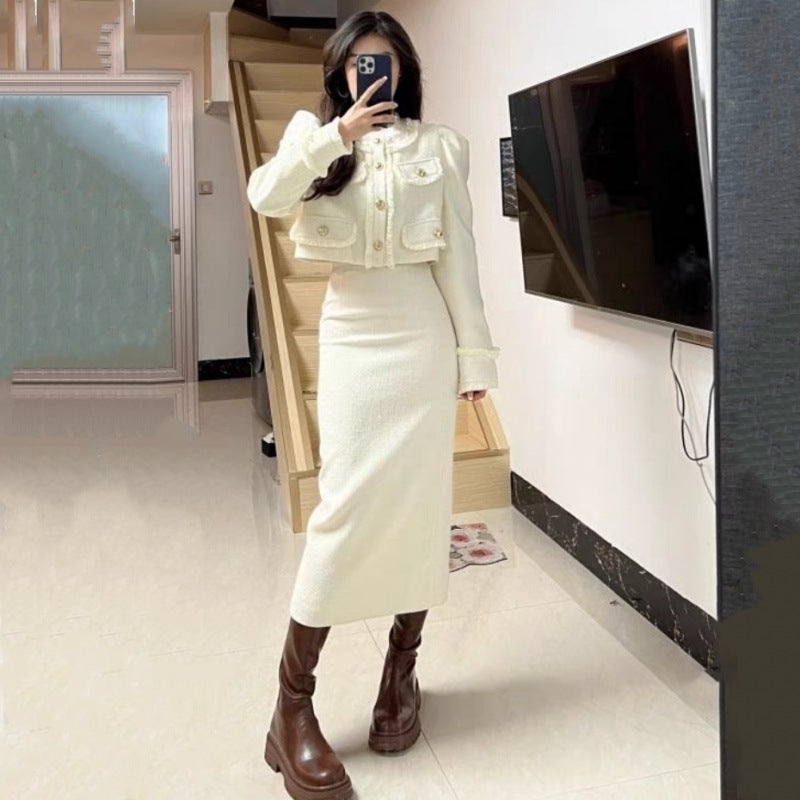plus size chubby girl xiangfeng two-piece womens spring light luxury socialite short coat rear split skirt suit 200kg apricot Coat apricot Dress