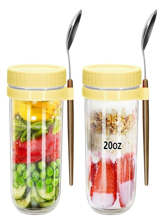 eispap 20oz - 2 Pack Overnight Oats Jars with Lids and Spoon, Overnight Oats Container with Lids, Measurement Marks, Wide Mouth Mason Jars for Salad, Cereal (Light yellow) - Image 1
