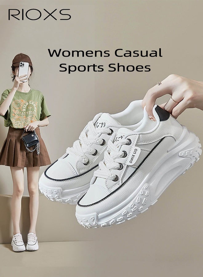 ريوكس حذاء رياضي نسائي بقاعدة سميكة، حذاء رياضي نسائي عصري بقاعدة سميكة 4.5 سم، حذاء رياضي كلاسيكي برباط، حذاء مريح للمشي، حذاء رياضي خفيف الوزن ومضاد للانزلاق للركض/الجري/التسوق/الارتداء اليومي، أبيض - Image 2
