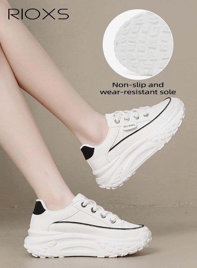 ريوكس حذاء رياضي نسائي بقاعدة سميكة، حذاء رياضي نسائي عصري بقاعدة سميكة 4.5 سم، حذاء رياضي كلاسيكي برباط، حذاء مريح للمشي، حذاء رياضي خفيف الوزن ومضاد للانزلاق للركض/الجري/التسوق/الارتداء اليومي، أبيض - Image 3
