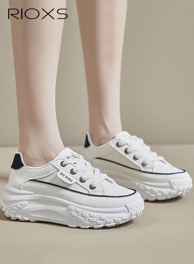 ريوكس حذاء رياضي نسائي بقاعدة سميكة، حذاء رياضي نسائي عصري بقاعدة سميكة 4.5 سم، حذاء رياضي كلاسيكي برباط، حذاء مريح للمشي، حذاء رياضي خفيف الوزن ومضاد للانزلاق للركض/الجري/التسوق/الارتداء اليومي، أبيض - Image 1