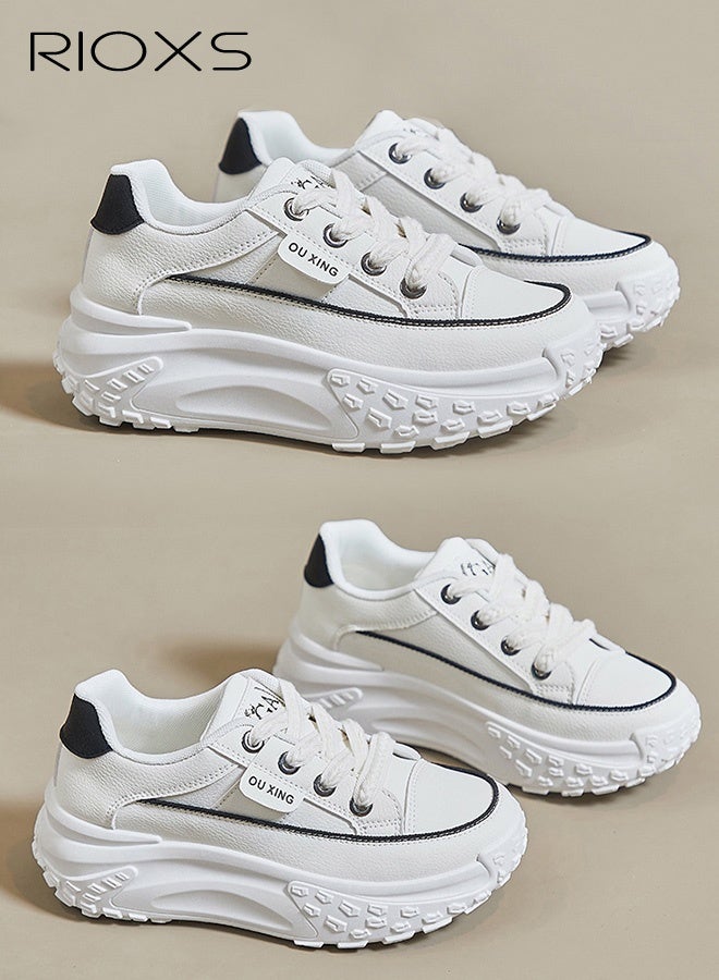 ريوكس حذاء رياضي نسائي بقاعدة سميكة، حذاء رياضي نسائي عصري بقاعدة سميكة 4.5 سم، حذاء رياضي كلاسيكي برباط، حذاء مريح للمشي، حذاء رياضي خفيف الوزن ومضاد للانزلاق للركض/الجري/التسوق/الارتداء اليومي، أبيض - Image 5