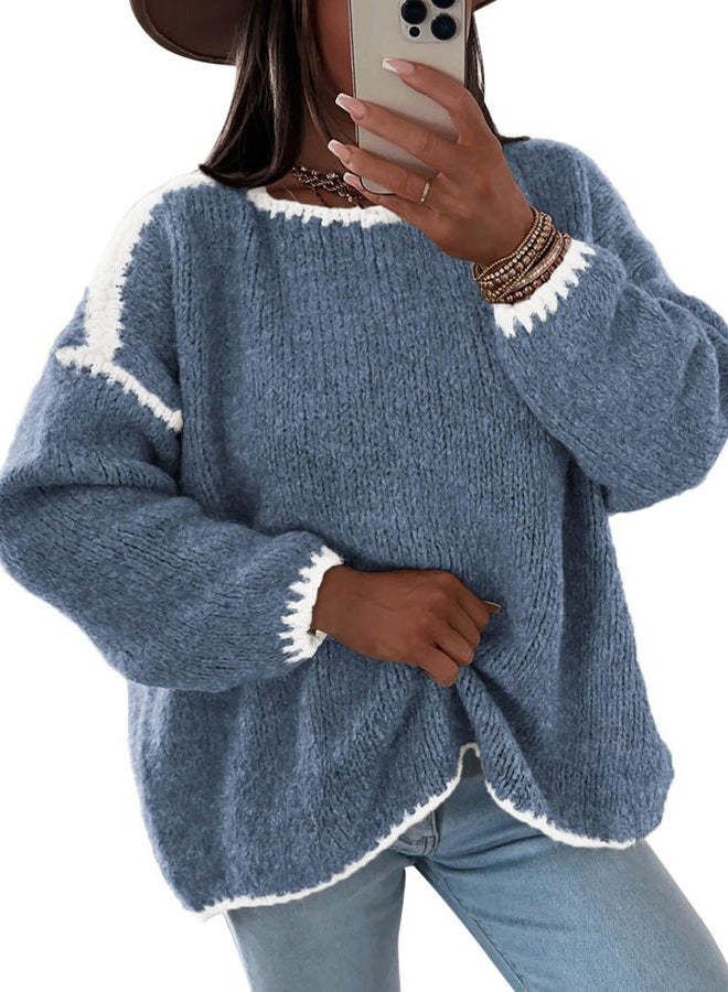 KIRUNDO Womens Sweaters 2025 Fall Oversized Long Sleeve Chunky Knit Crew Neck Contrast Stitching Pullover Winter Clothes, Dusty Blue, M - Image 1