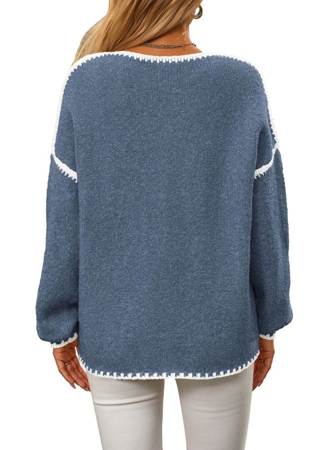 KIRUNDO Womens Sweaters 2025 Fall Oversized Long Sleeve Chunky Knit Crew Neck Contrast Stitching Pullover Winter Clothes, Dusty Blue, M - Image 2