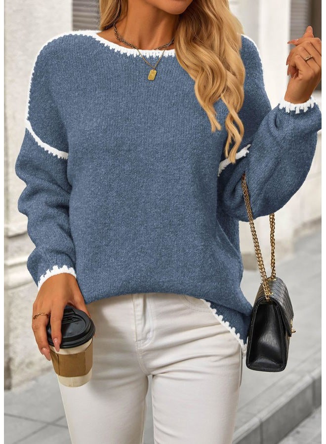KIRUNDO Womens Sweaters 2025 Fall Oversized Long Sleeve Chunky Knit Crew Neck Contrast Stitching Pullover Winter Clothes, Dusty Blue, M - Image 4
