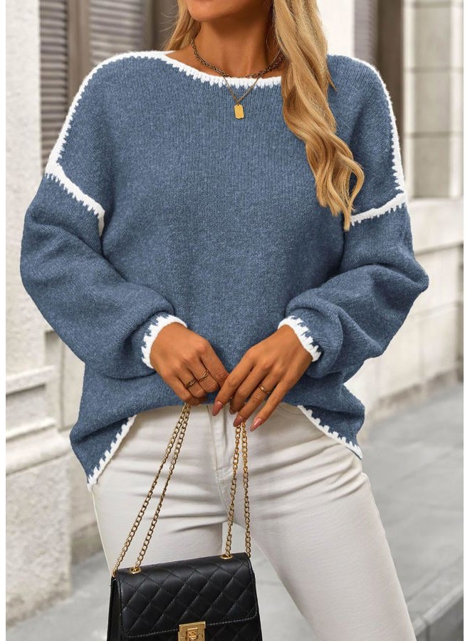 KIRUNDO Womens Sweaters 2025 Fall Oversized Long Sleeve Chunky Knit Crew Neck Contrast Stitching Pullover Winter Clothes, Dusty Blue, M - Image 5