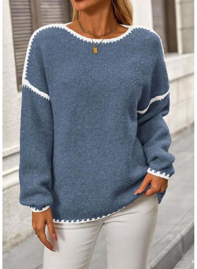 KIRUNDO Womens Sweaters 2025 Fall Oversized Long Sleeve Chunky Knit Crew Neck Contrast Stitching Pullover Winter Clothes, Dusty Blue, M - Image 3
