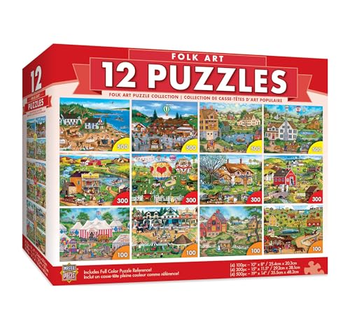 MasterPieces Jigsaw Puzzle 12Pack Bundle Set Fun for Adults and Family Folk Art Collection 4 Round 100 Piece 4 300 Piece 4 500 Pieces - Image 1