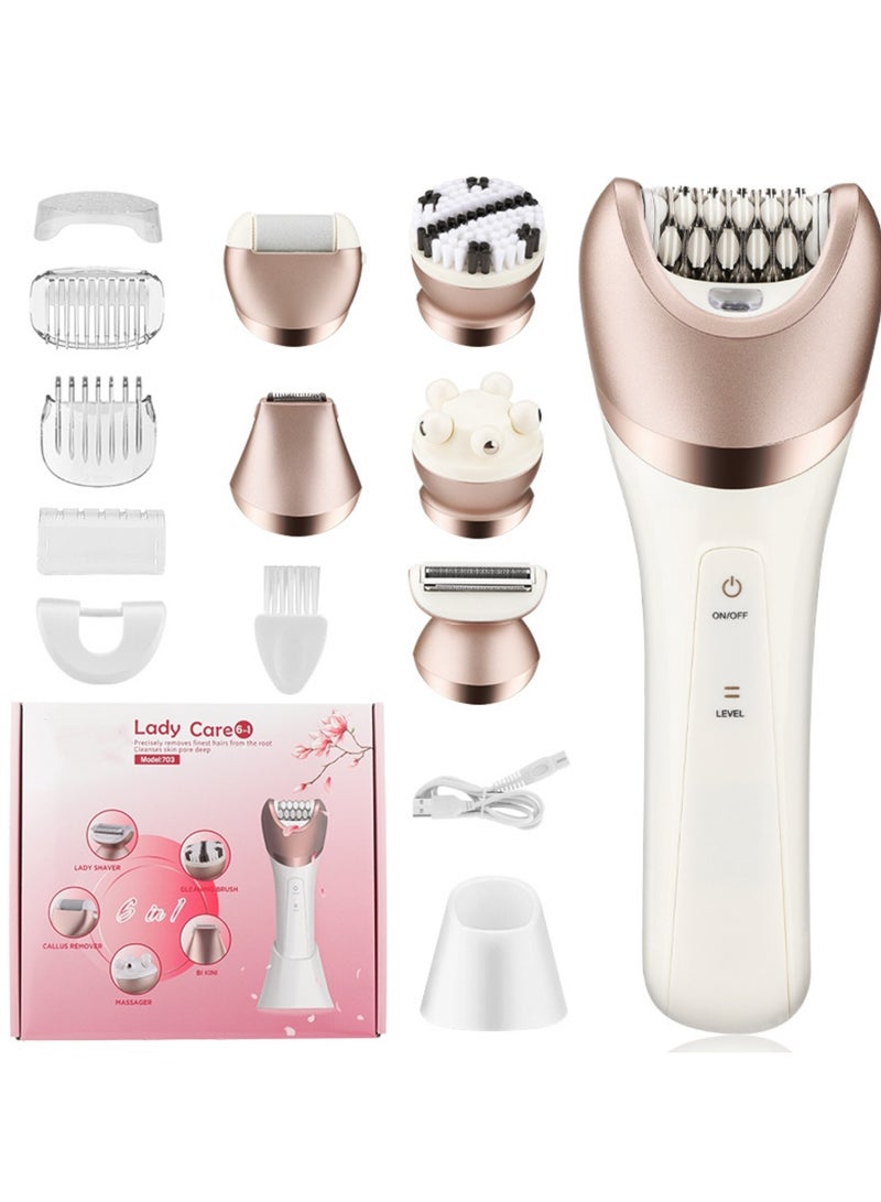 مجموعة إزالة الشعر للنساء 6 في 1 مزيل شعر الجسم بدون ألم وماكينة إزالة الشعر للوجه مزيل شعر كهربائي مقص منطقة الب قابل لإعادة الشحن بسرعتين قابلتين للتعديل ماكينة حلاقة كهربائية للنساء - Image 1