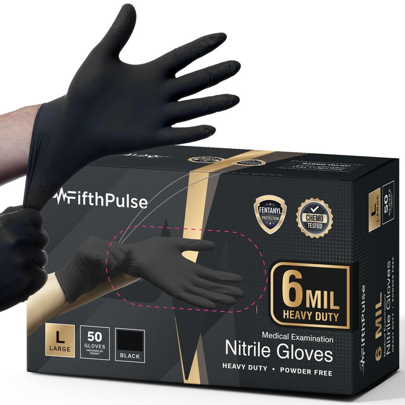 FifthPulse 6 Mil Black Nitrile Gloves Large, Heavy-Duty Disposable Gloves for Mechanics, Food Prep, and Medical Use - Powder-Free, Latex-Free, Extra Thick & Puncture-Resistant Rubber Glove - 50 Count - Image 1